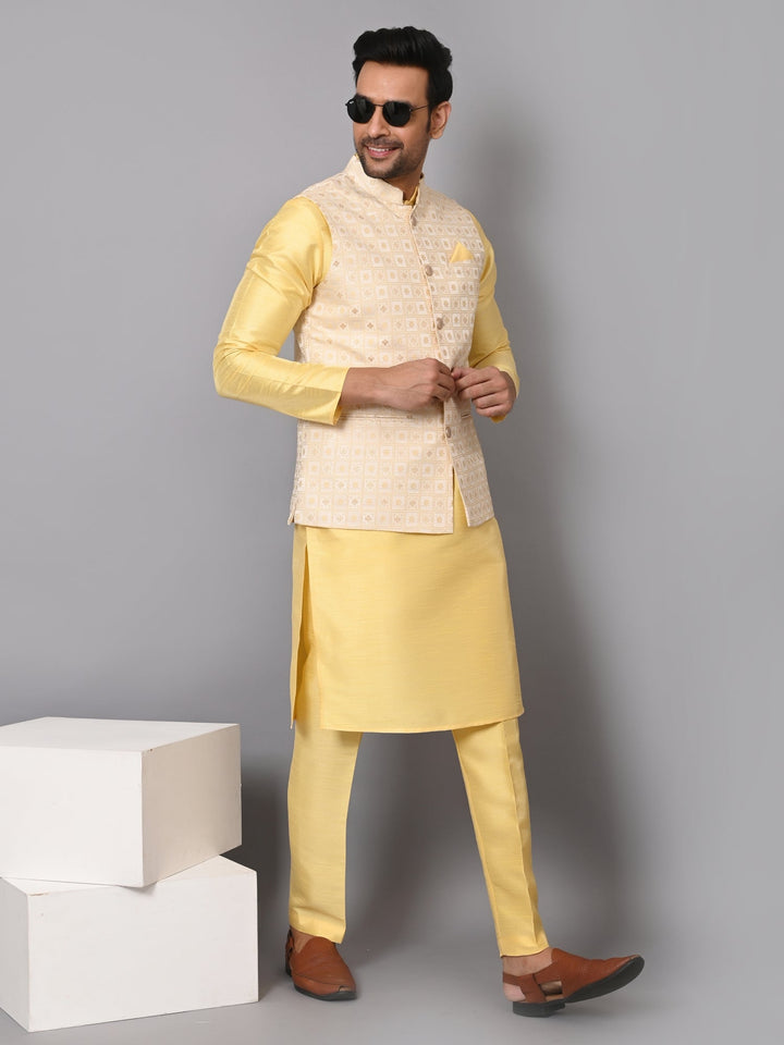 Festive Printed Poly Silk Jacket Set | Checked Yellow Jacket Kurta Set