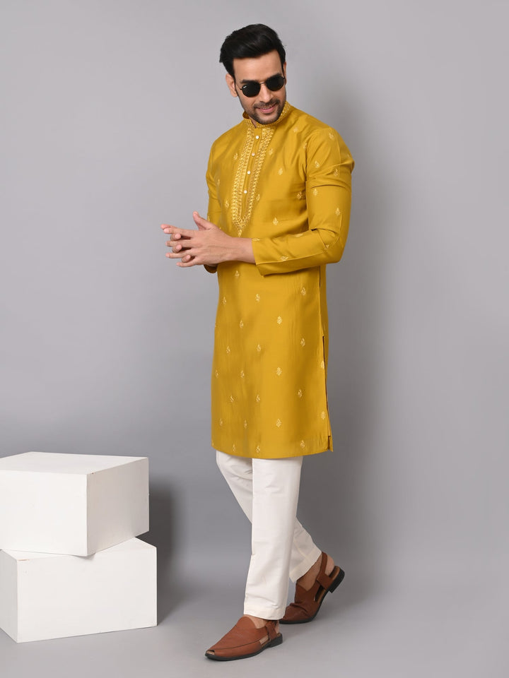 Leafs Mustard Kurta Set | Embroidered Poly Silk Festive Wear