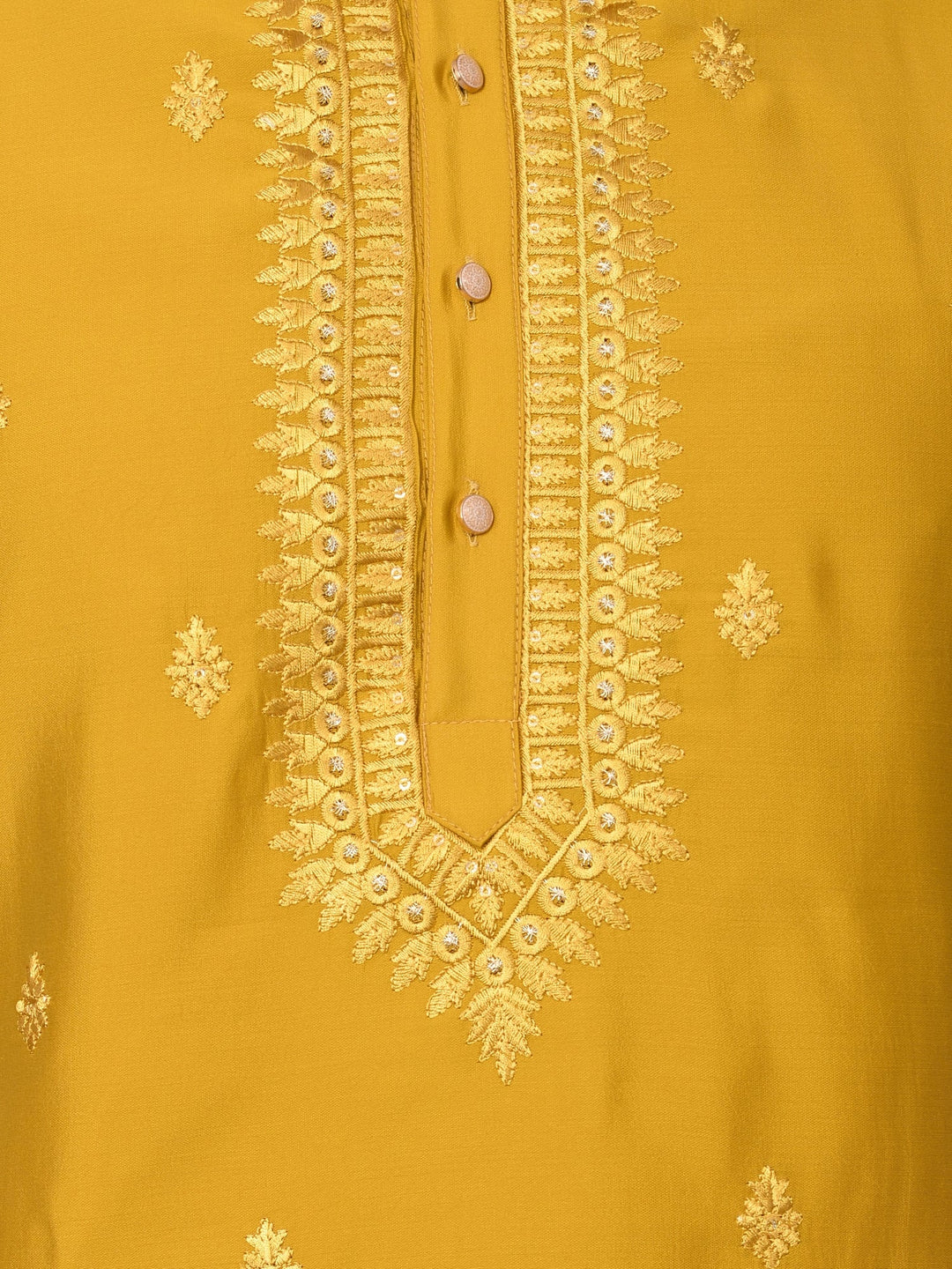 Leafs Mustard Kurta Set | Embroidered Poly Silk Festive Wear