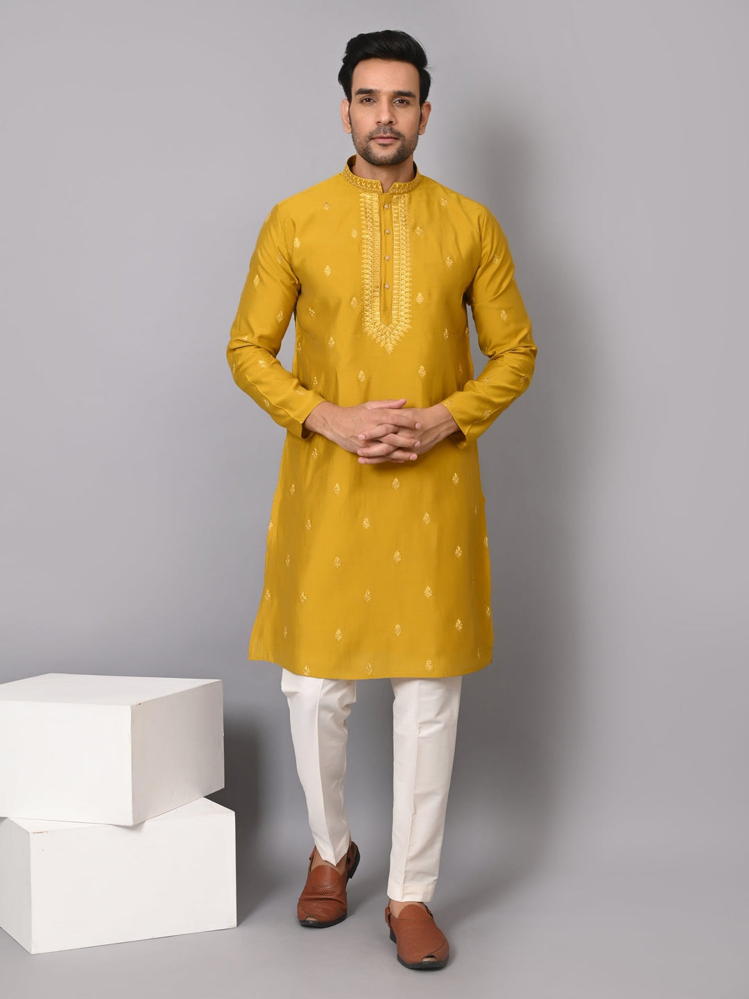 Leafs Mustard Kurta Set | Embroidered Poly Silk Festive Wear