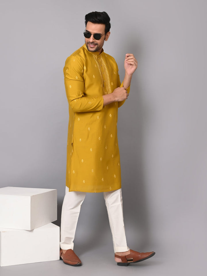 Leafs Mustard Kurta Set | Embroidered Poly Silk Festive Wear