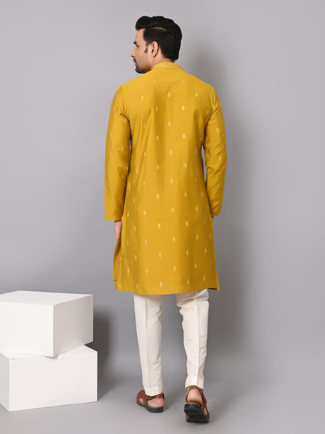 Leafs Mustard Kurta Set | Embroidered Poly Silk Festive Wear