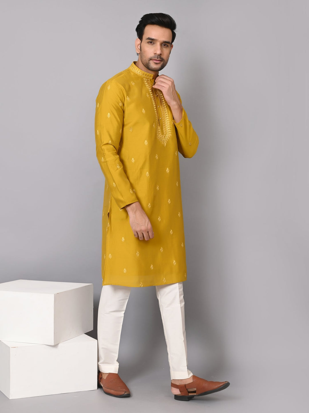 Leafs Mustard Kurta Set | Embroidered Poly Silk Festive Wear