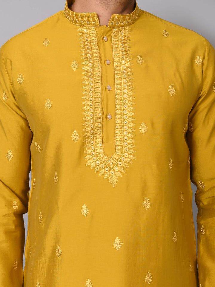 Leafs Mustard Kurta Set | Embroidered Poly Silk Festive Wear