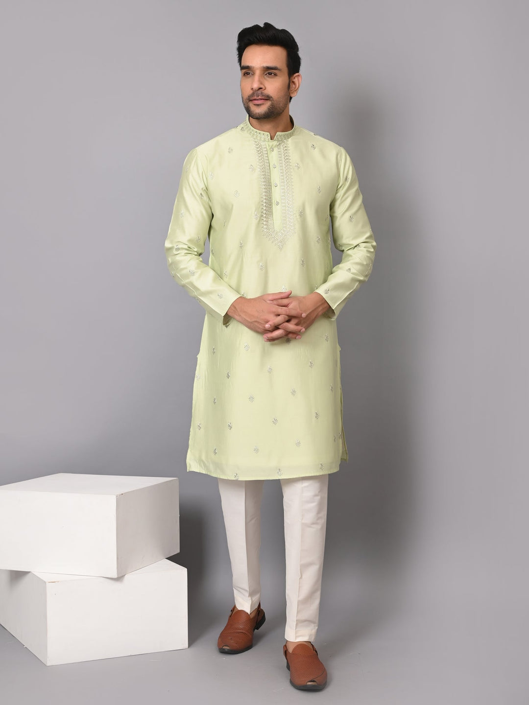 Leafs Embroidered Pista Kurta Set | Festive Poly Silk Full Sleeves Design