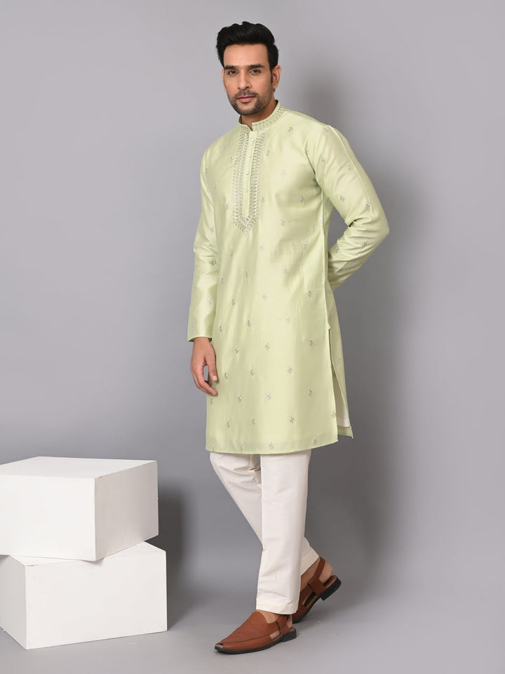 Leafs Embroidered Pista Kurta Set | Festive Poly Silk Full Sleeves Design