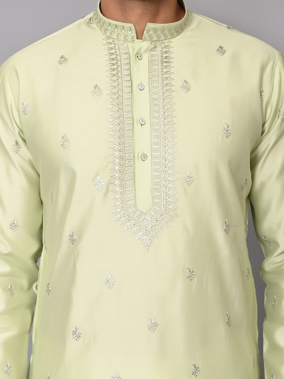 Leafs Embroidered Pista Kurta Set | Festive Poly Silk Full Sleeves Design