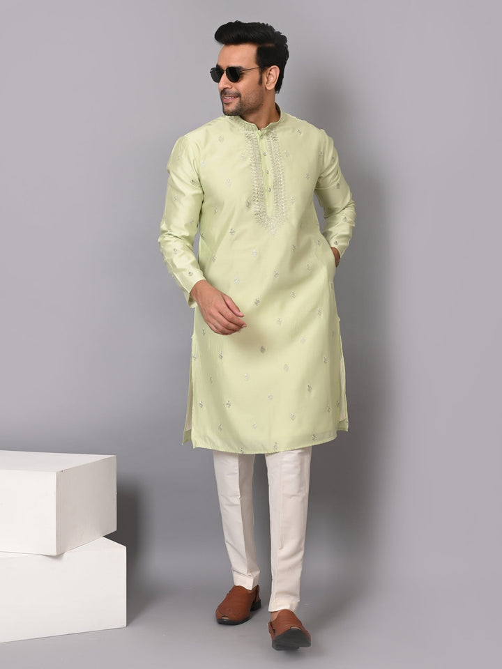 Leafs Embroidered Pista Kurta Set | Festive Poly Silk Full Sleeves Design