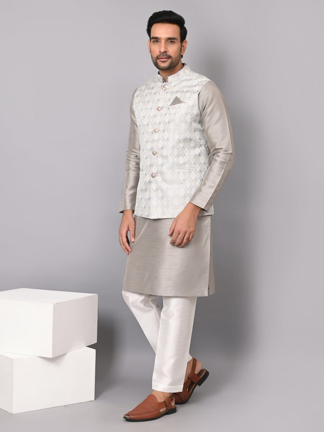 Checked Grey Jacket Kurta Set | Festive Poly Silk Printed Kurta with Stand Collar