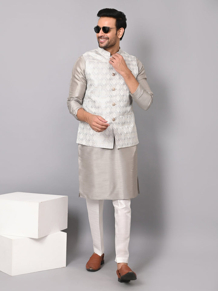 Checked Grey Jacket Kurta Set | Festive Poly Silk Printed Kurta with Stand Collar