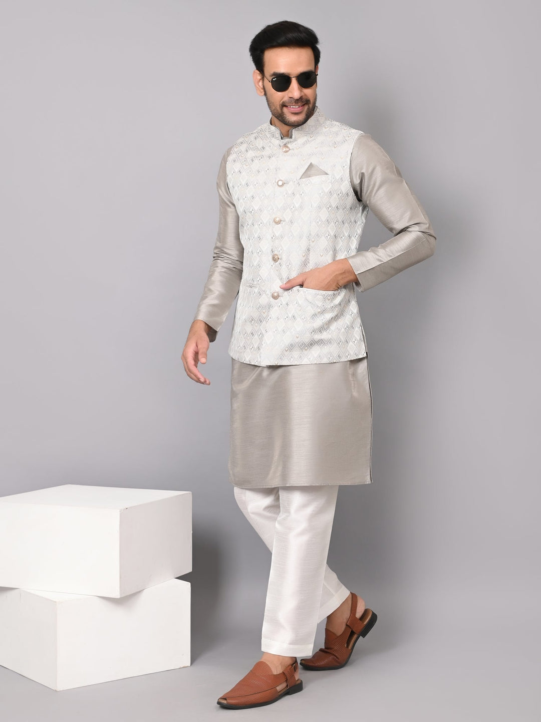 Checked Grey Jacket Kurta Set | Festive Poly Silk Printed Kurta with Stand Collar