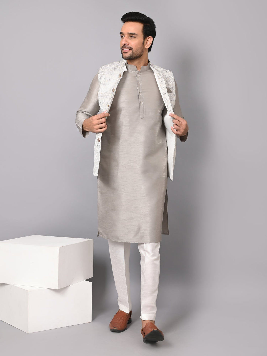 Checked Grey Jacket Kurta Set | Festive Poly Silk Printed Kurta with Stand Collar