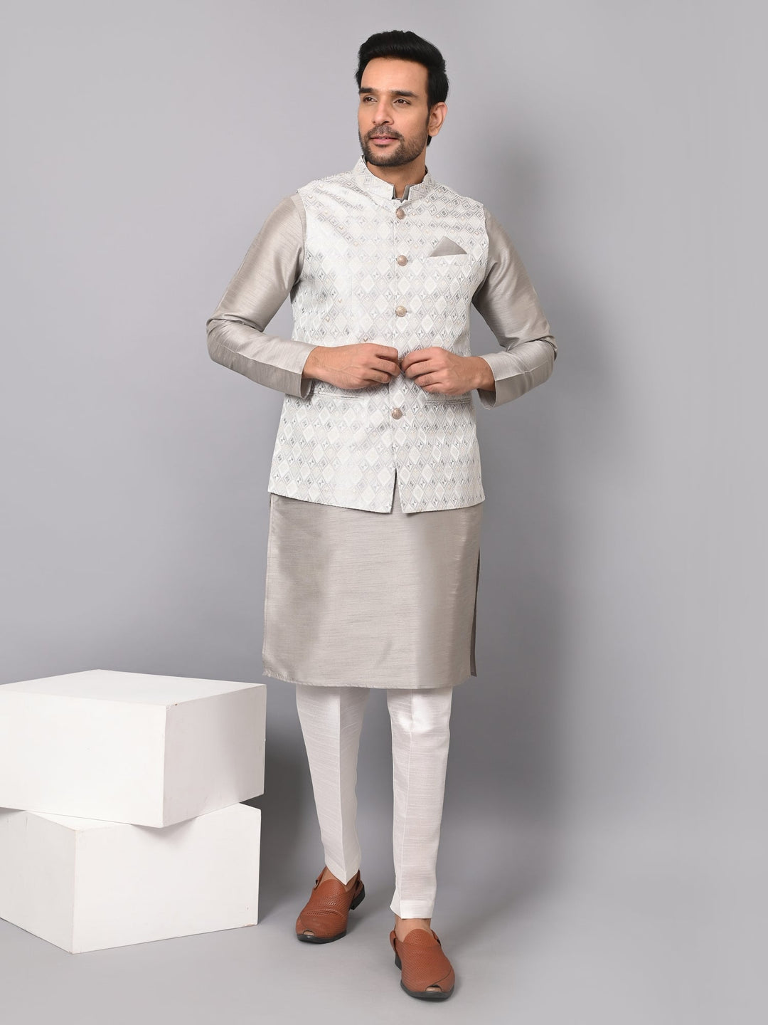 Checked Grey Jacket Kurta Set | Festive Poly Silk Printed Kurta with Stand Collar