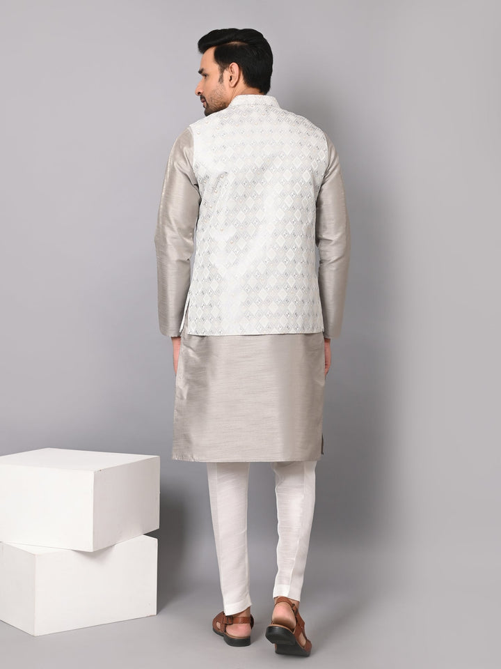 Checked Grey Jacket Kurta Set | Festive Poly Silk Printed Kurta with Stand Collar