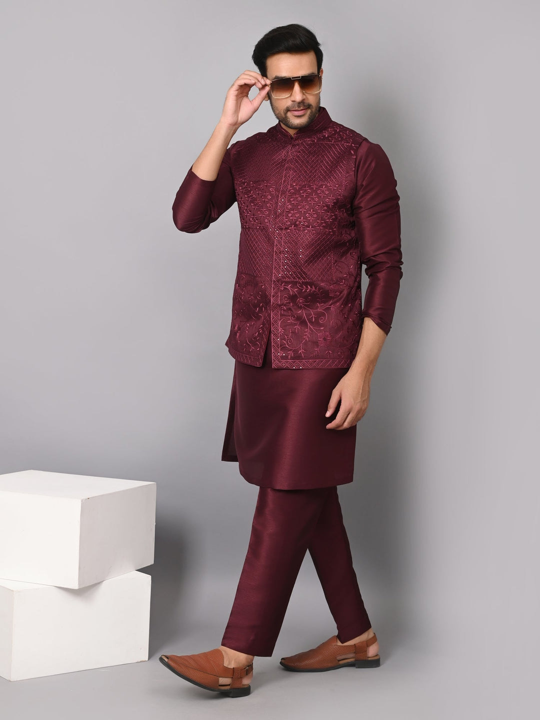 Sequence Embroidered Unique Jacket Kurta Set | Festive Poly Silk Ensemble