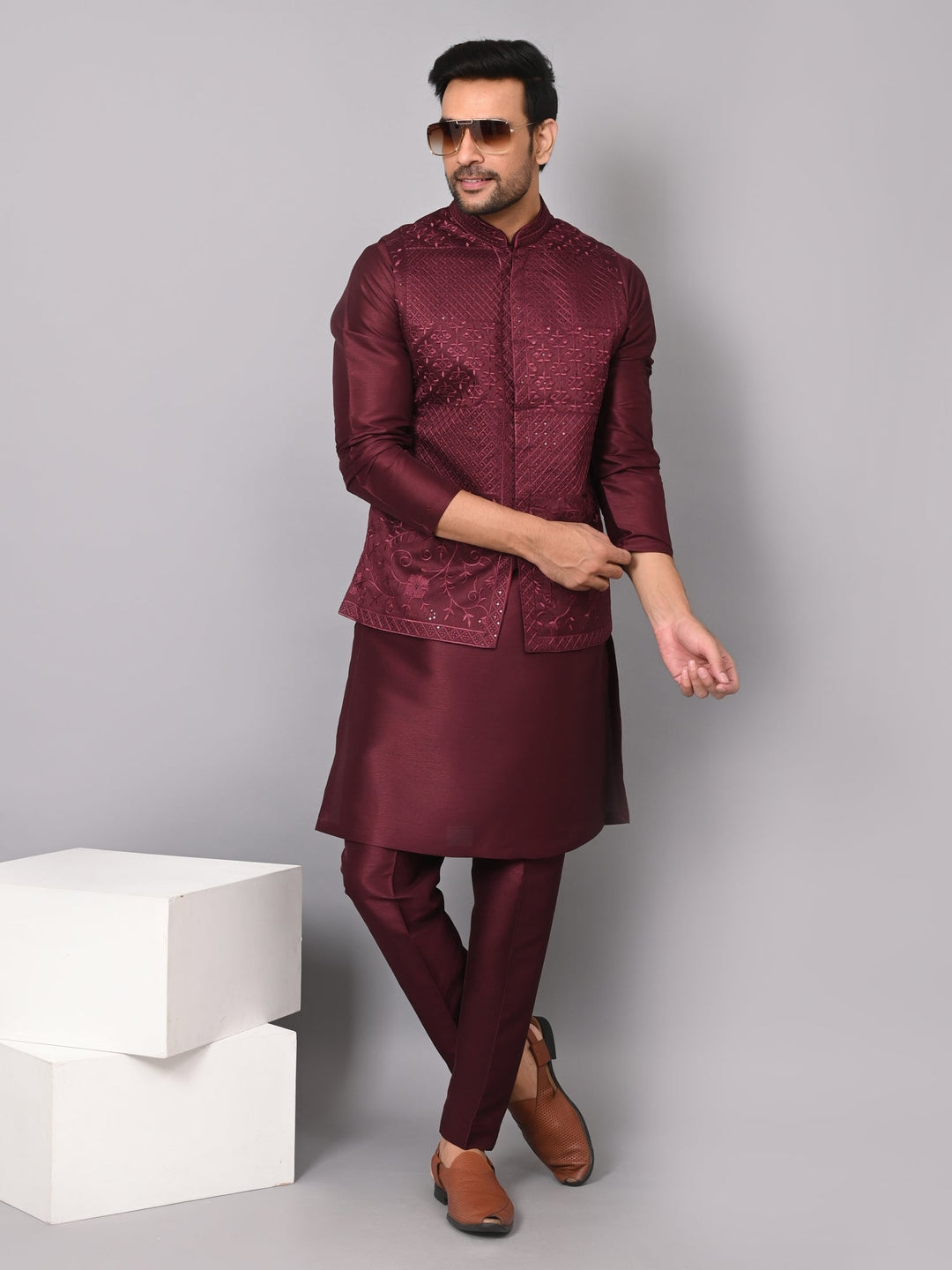 Sequence Embroidered Unique Jacket Kurta Set | Festive Poly Silk Ensemble