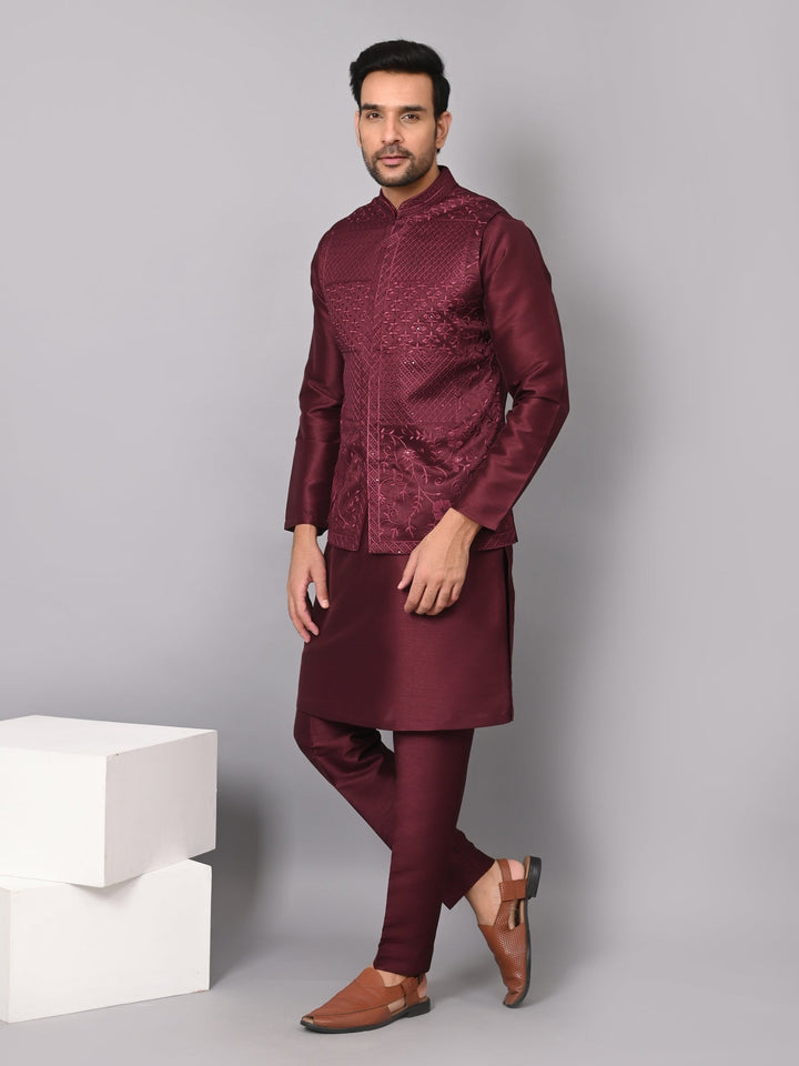 Sequence Embroidered Unique Jacket Kurta Set | Festive Poly Silk Ensemble