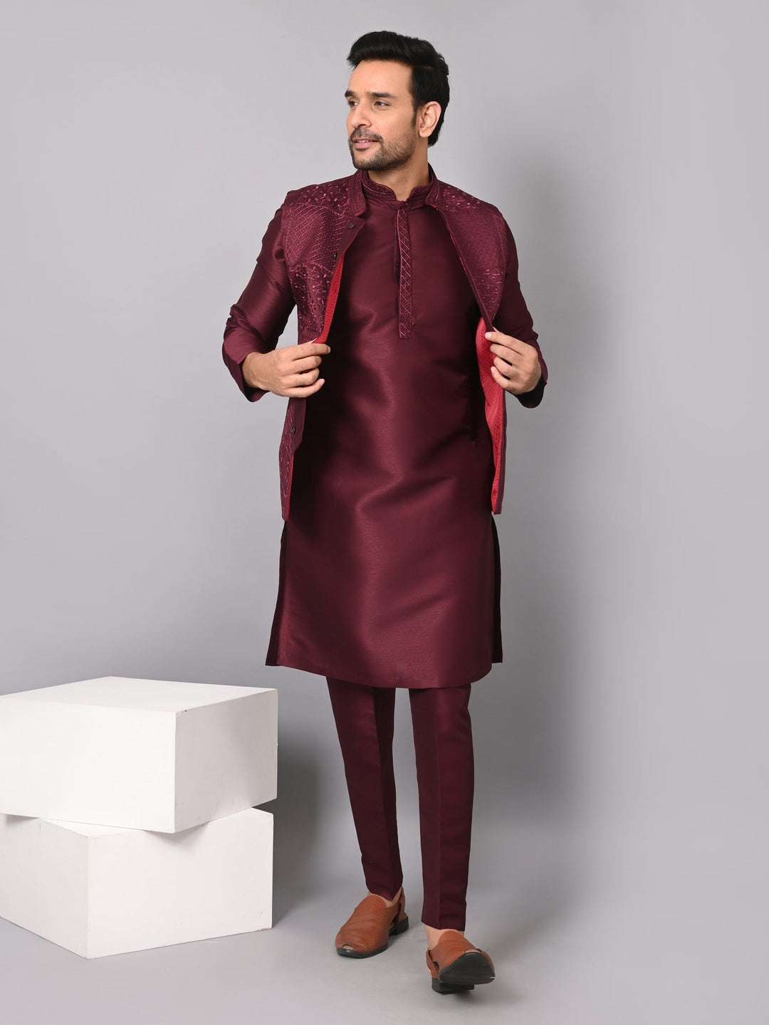 Sequence Embroidered Unique Jacket Kurta Set | Festive Poly Silk Ensemble