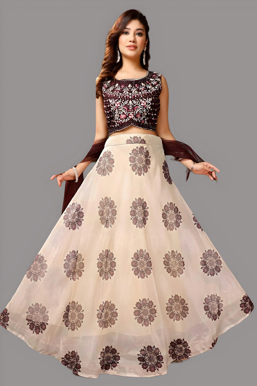 Trendy floral crop top and skirt lehenga set made from organza fabric, perfect for elegant occasions and stylish events.