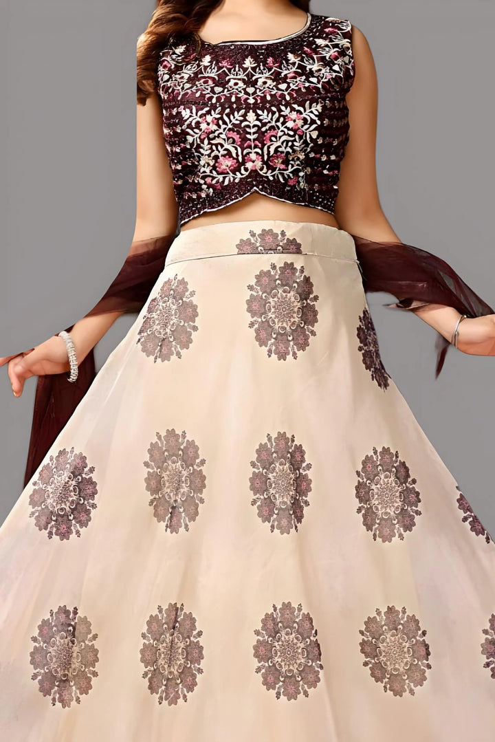 Chic floral crop top and skirt lehenga set in lightweight organza fabric, ideal for weddings, parties, and festive celebrations.