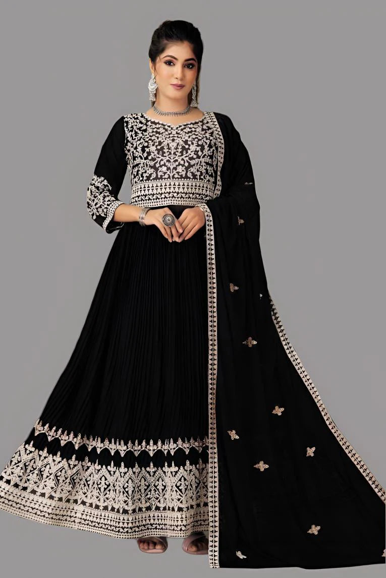 Elegant black georgette evening gown with a fairytale-inspired flowing design.