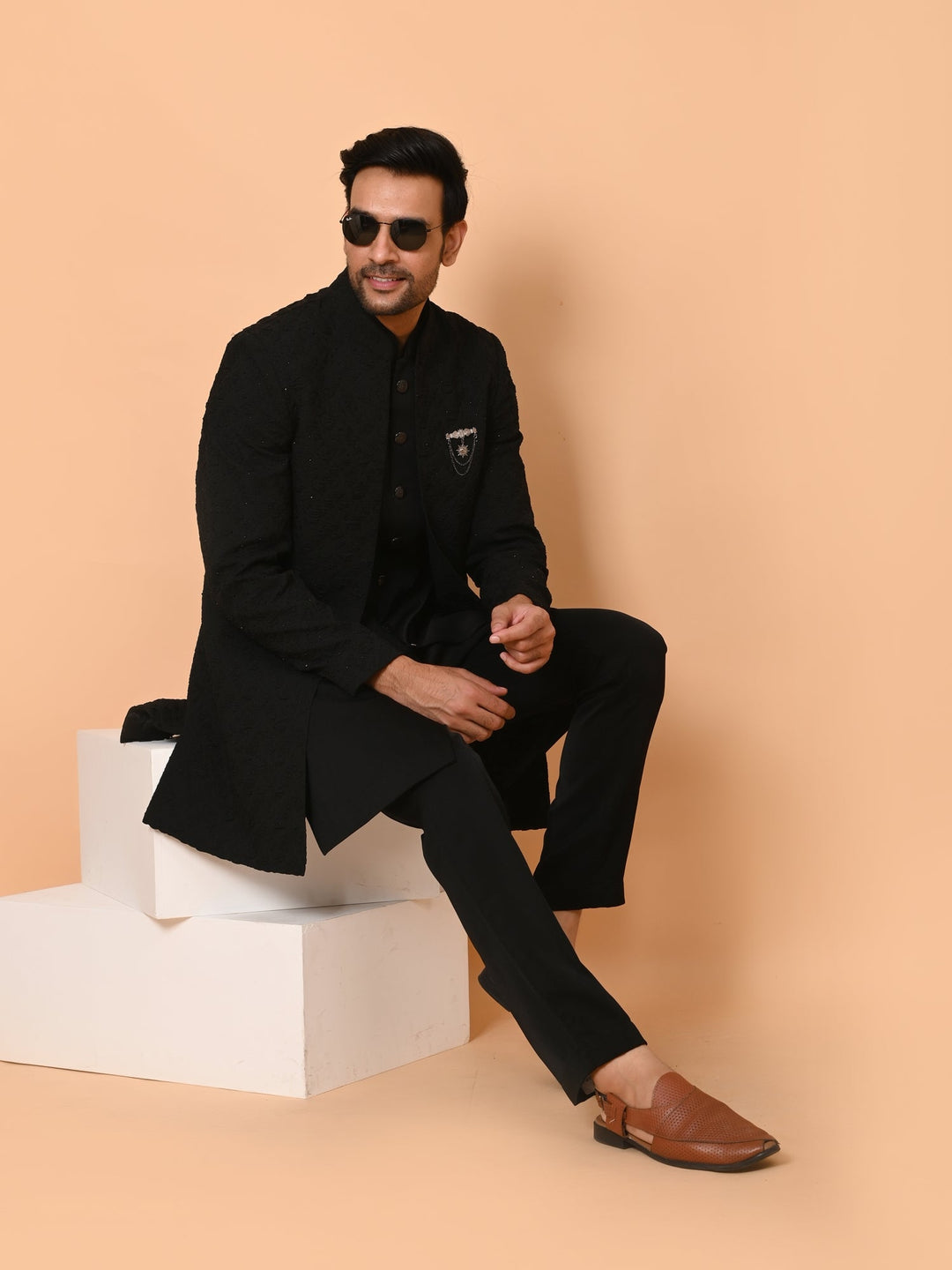 Textured Black Long Jacket Kurta Set | Festive Self Design Cotton Blend