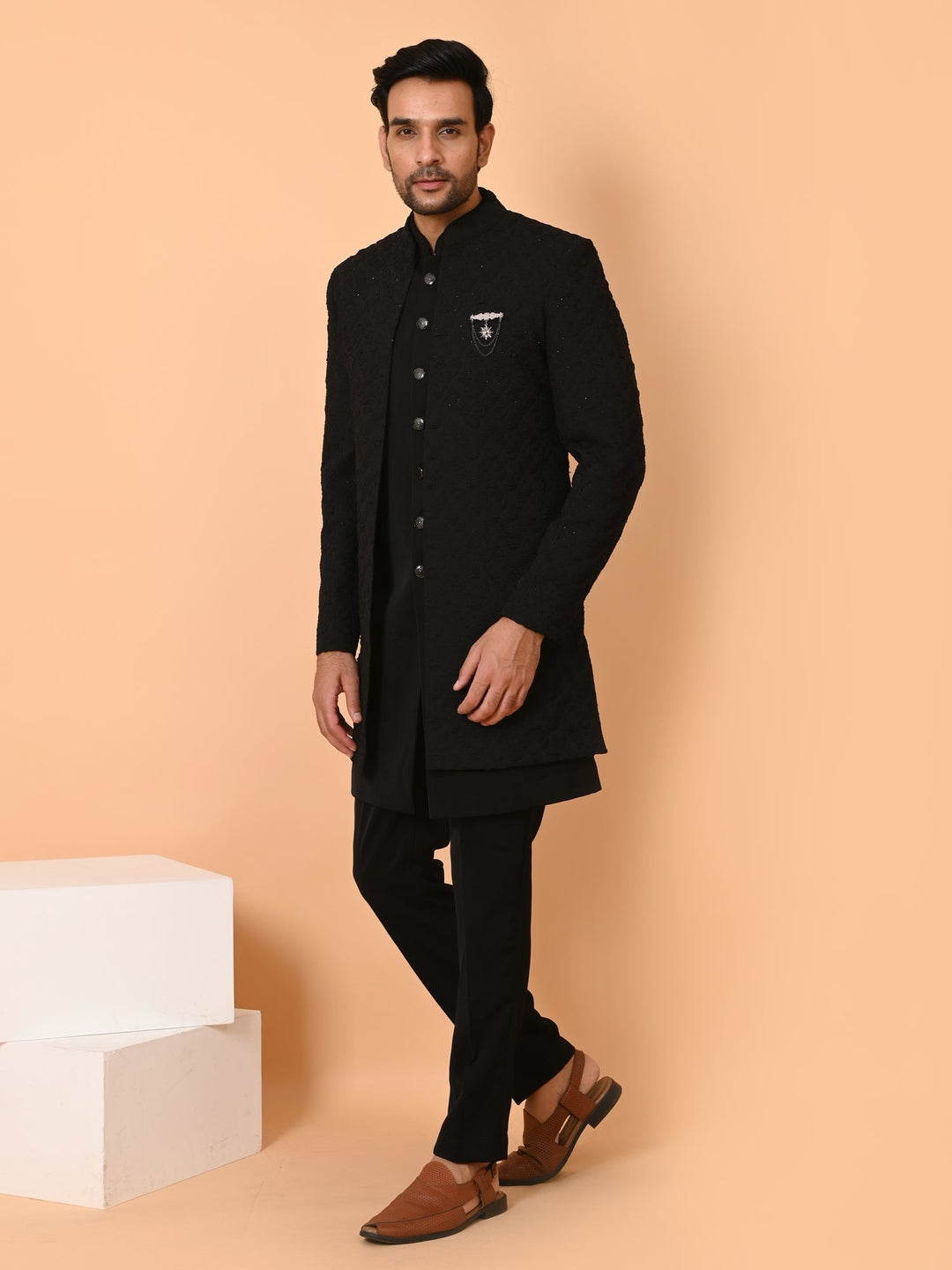 Textured Black Long Jacket Kurta Set | Festive Self Design Cotton Blend