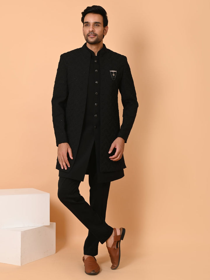 Textured Black Long Jacket Kurta Set | Festive Self Design Cotton Blend