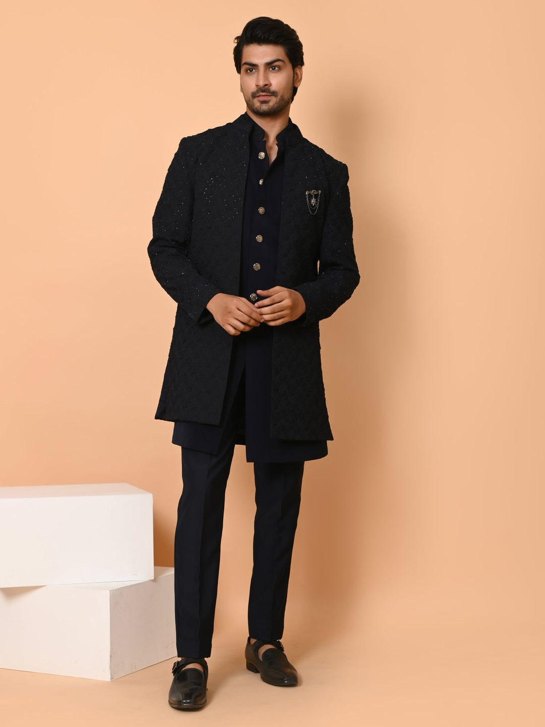 Textured Long Jacket Kurta Set | Self Design Cotton Blend Festive Wear