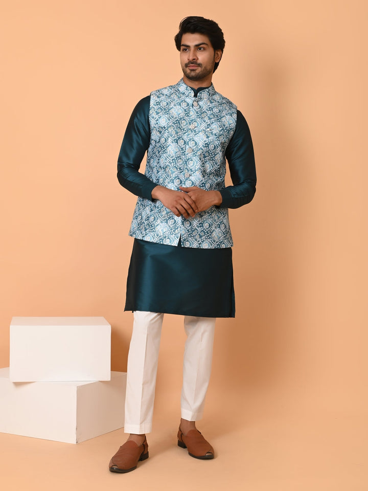 Bandhani Green Jacket Kurta Set | Festive Printed Poly Silk Ensemble