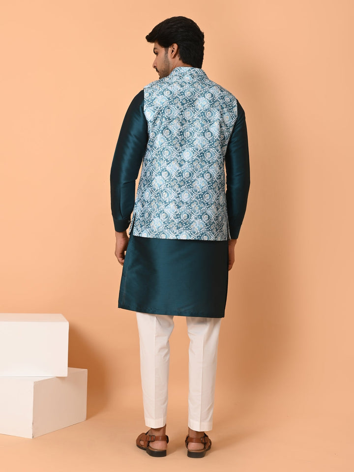 Bandhani Green Jacket Kurta Set | Festive Printed Poly Silk Ensemble