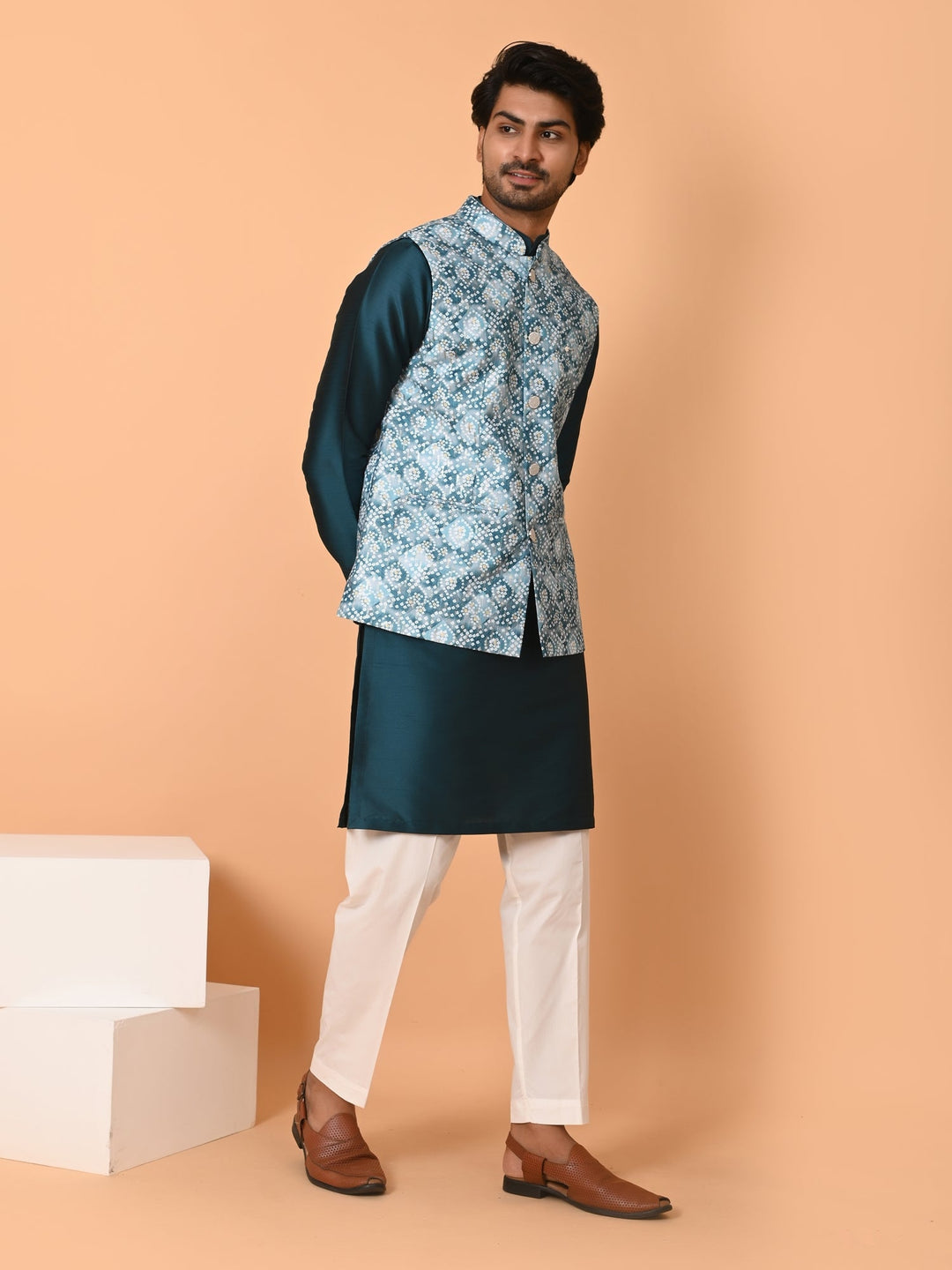 Bandhani Green Jacket Kurta Set | Festive Printed Poly Silk Ensemble