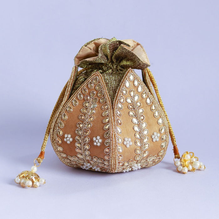 Sindh Kundan Handwork Mini Lotus Potli | Exclusive Silk Accessory