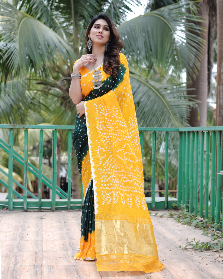 Yellow Premium Bandhej Silk Drapes featuring Zari Tissue Pallu and blouse piece for a vibrant look.