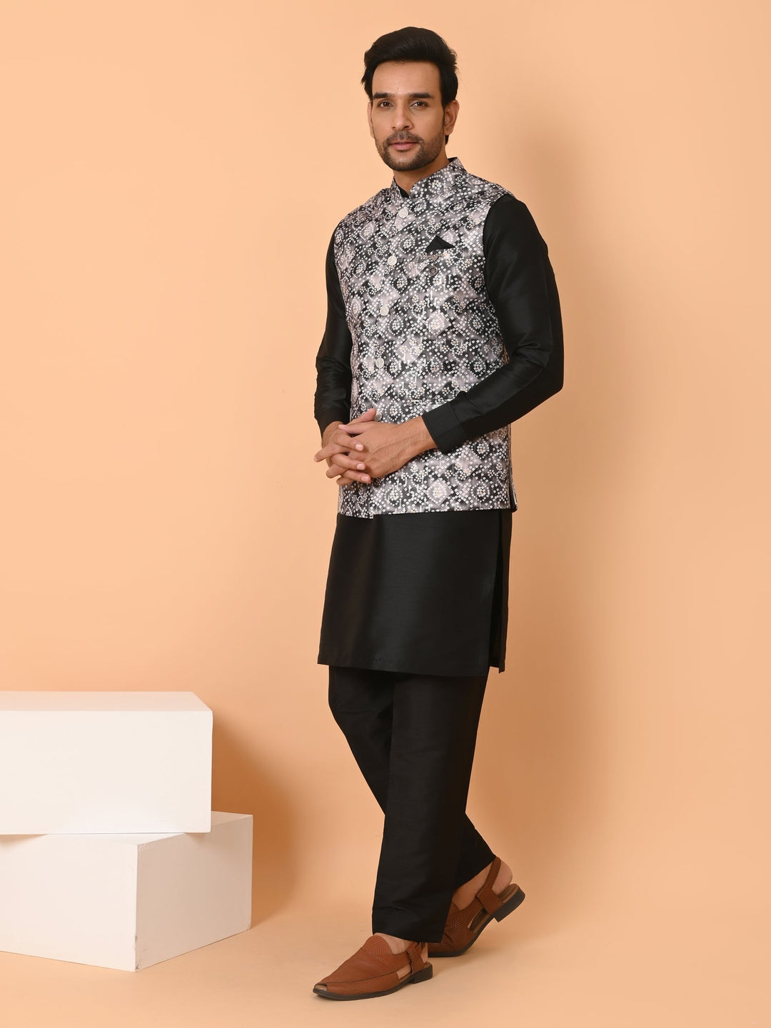 Bandhani Printed Jacket Kurta Set | Festive Poly Silk Outfit