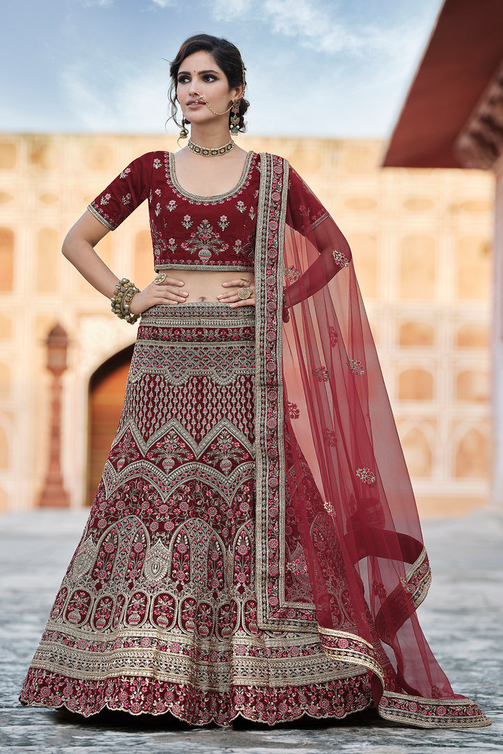 Semi Stitched Velvet Lehenga Choli Set | Bridal Wear Embroidered Lehenga