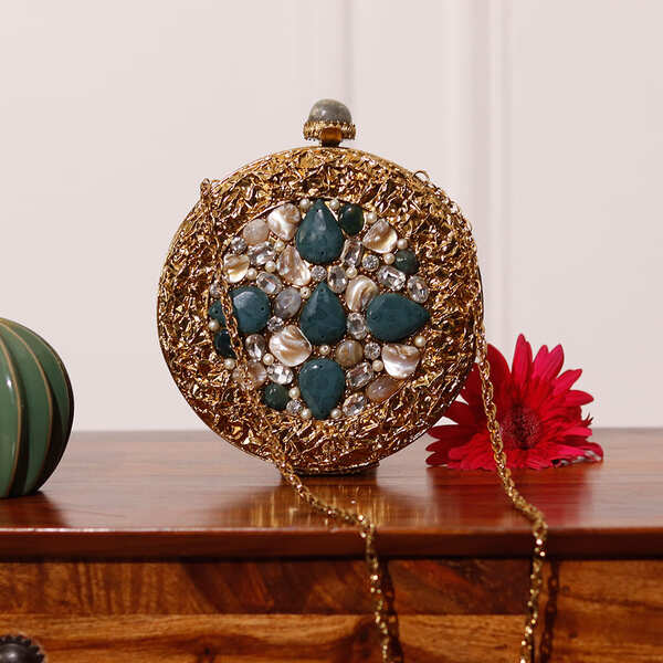 Qurbat Embellished Brass Clutch | Elegant Vintage Statement Bag