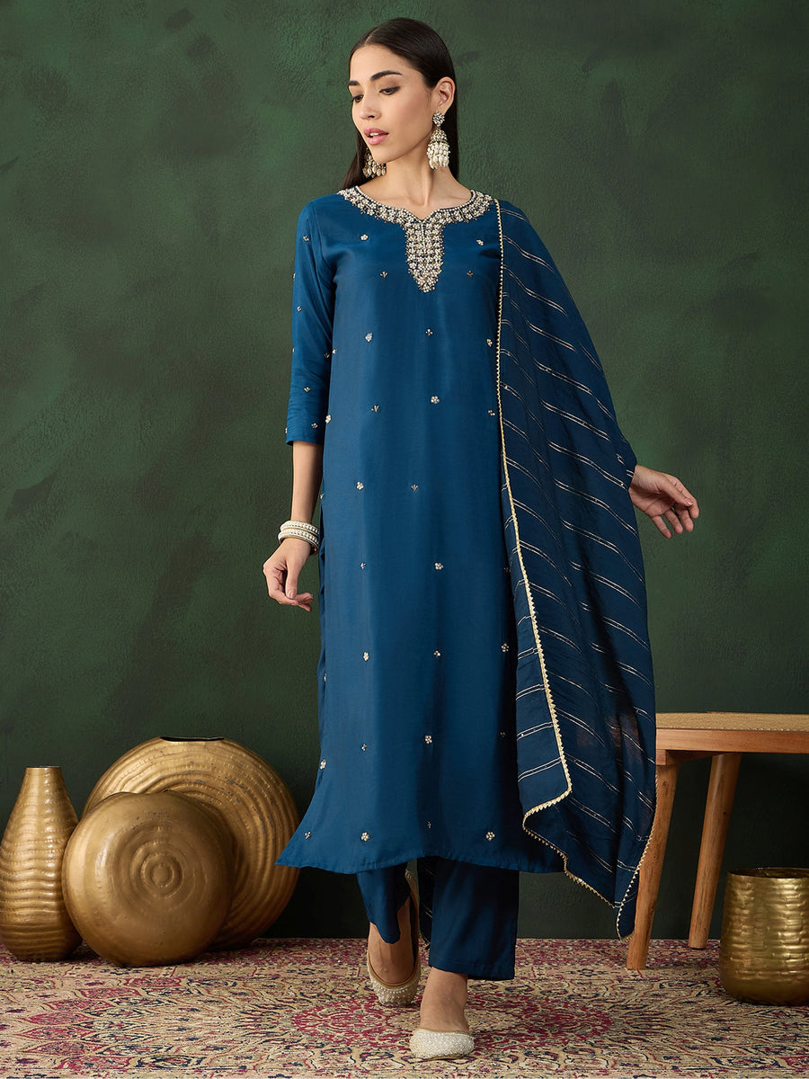 Stunning Navy Blue Embroidered Silk Festival Wear Salwar Kameez