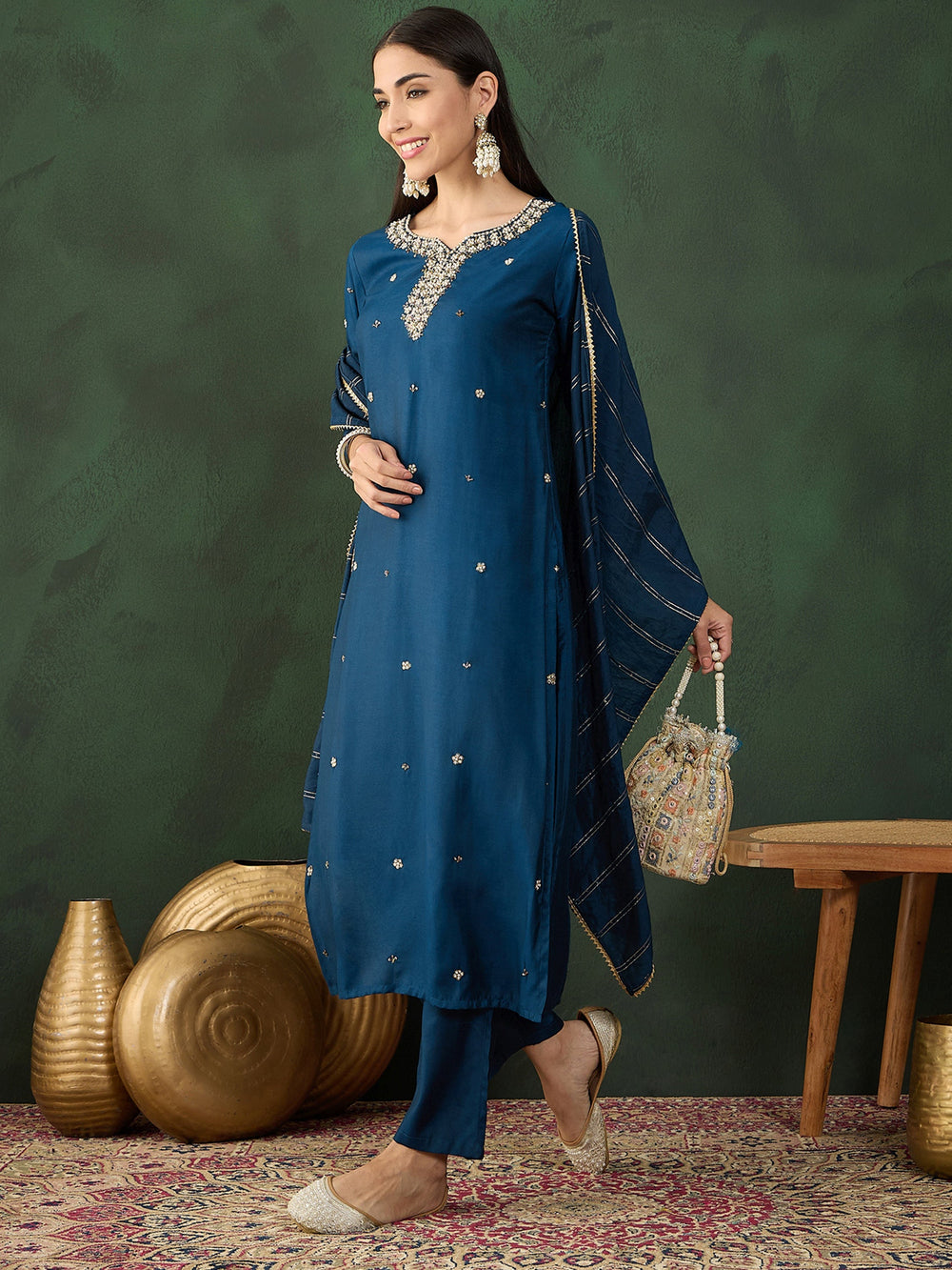 Stunning Navy Blue Embroidered Silk Festival Wear Salwar Kameez