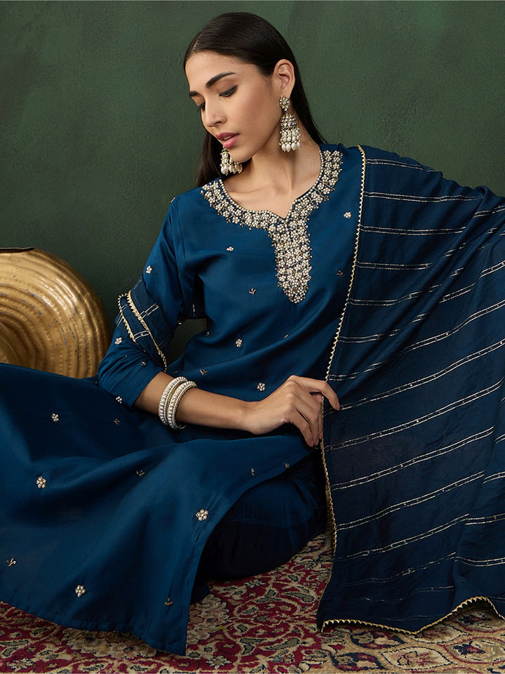 Stunning Navy Blue Embroidered Silk Festival Wear Salwar Kameez