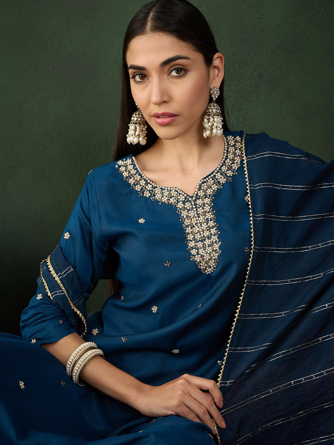 Stunning Navy Blue Embroidered Silk Festival Wear Salwar Kameez