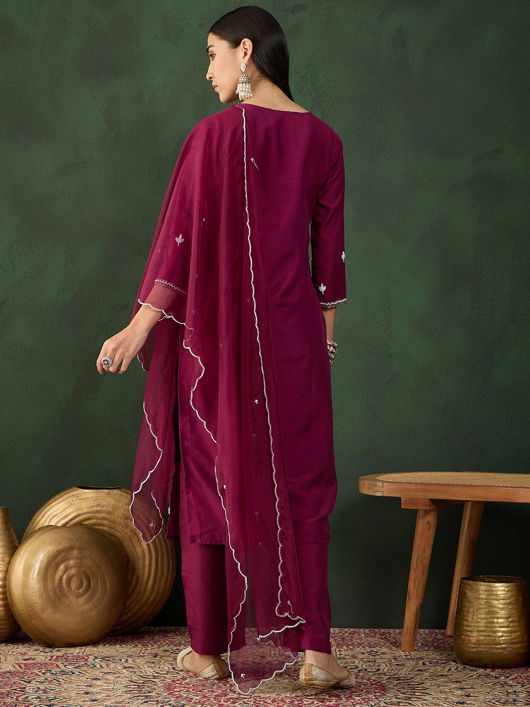 Astonishing Wine Embroidered Silk Event Wear Pant Suit With Dupatta