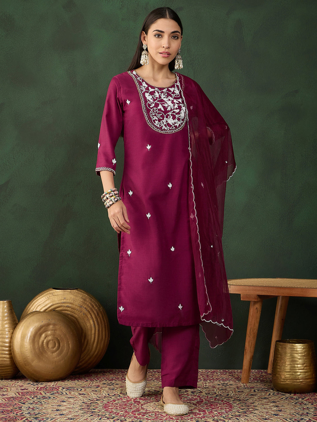 Astonishing Wine Embroidered Silk Event Wear Pant Suit With Dupatta