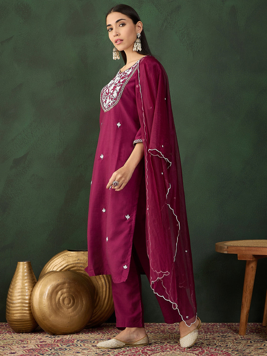 Astonishing Wine Embroidered Silk Event Wear Pant Suit With Dupatta