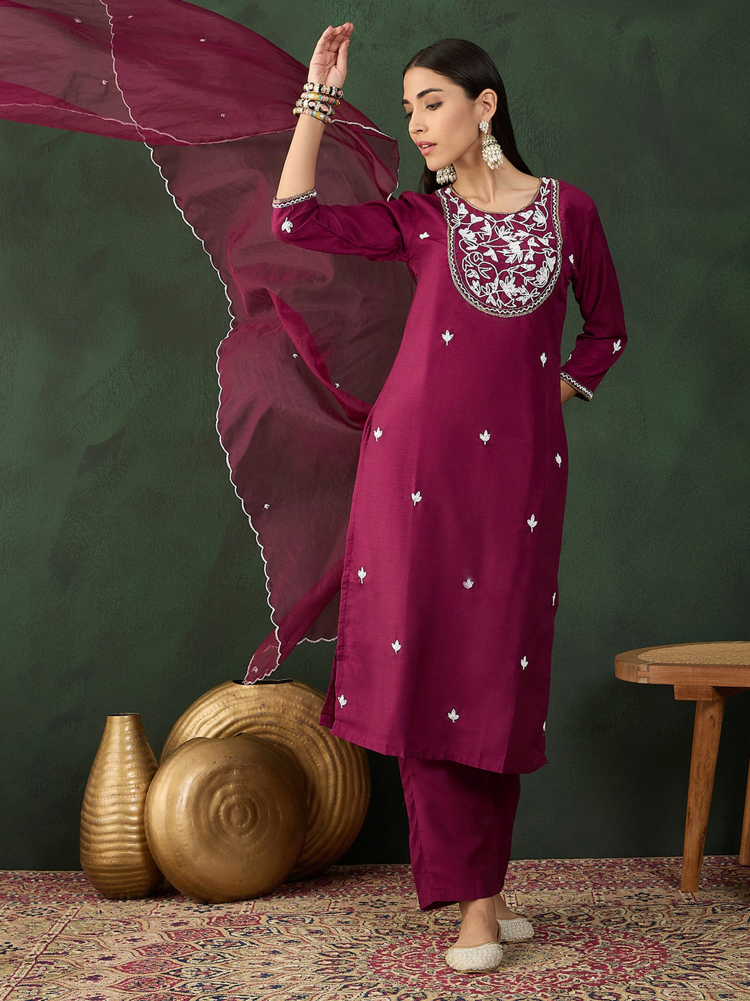 Astonishing Wine Embroidered Silk Event Wear Pant Suit With Dupatta