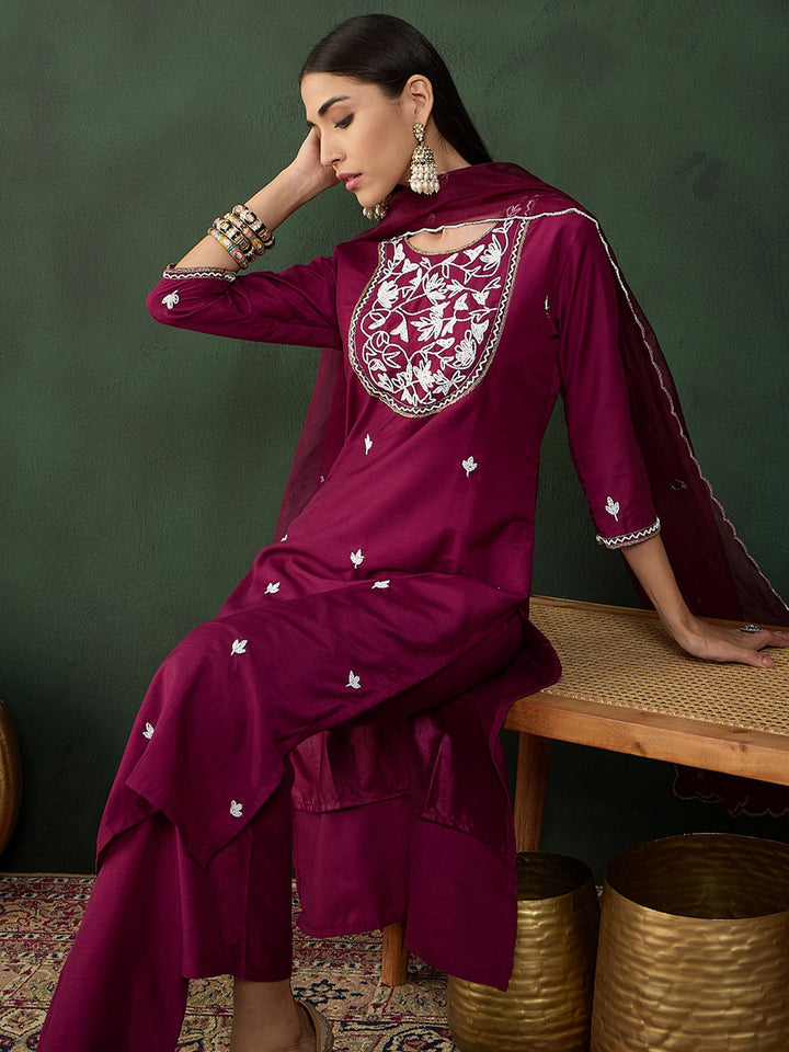 Astonishing Wine Embroidered Silk Event Wear Pant Suit With Dupatta