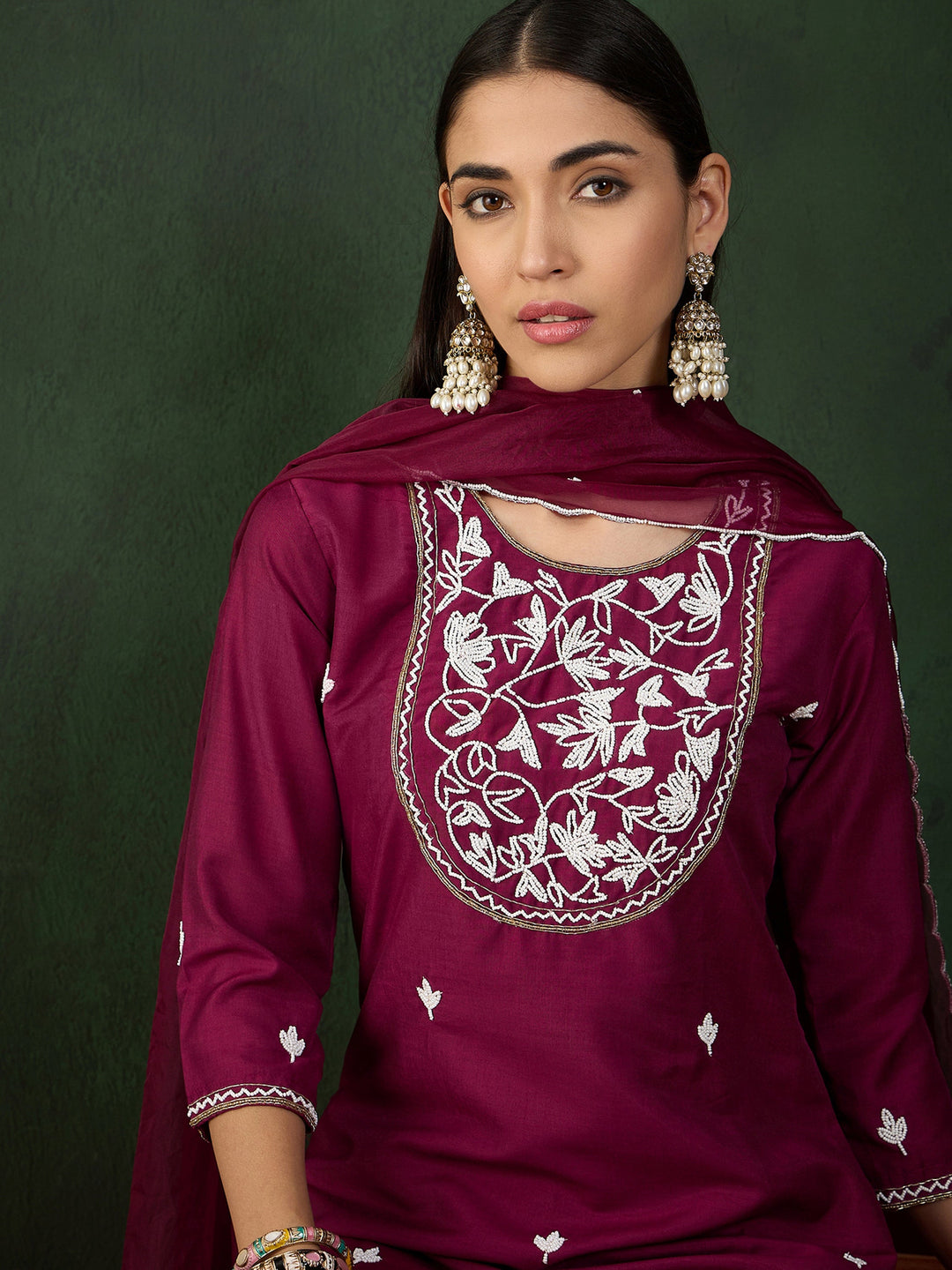 Astonishing Wine Embroidered Silk Event Wear Pant Suit With Dupatta