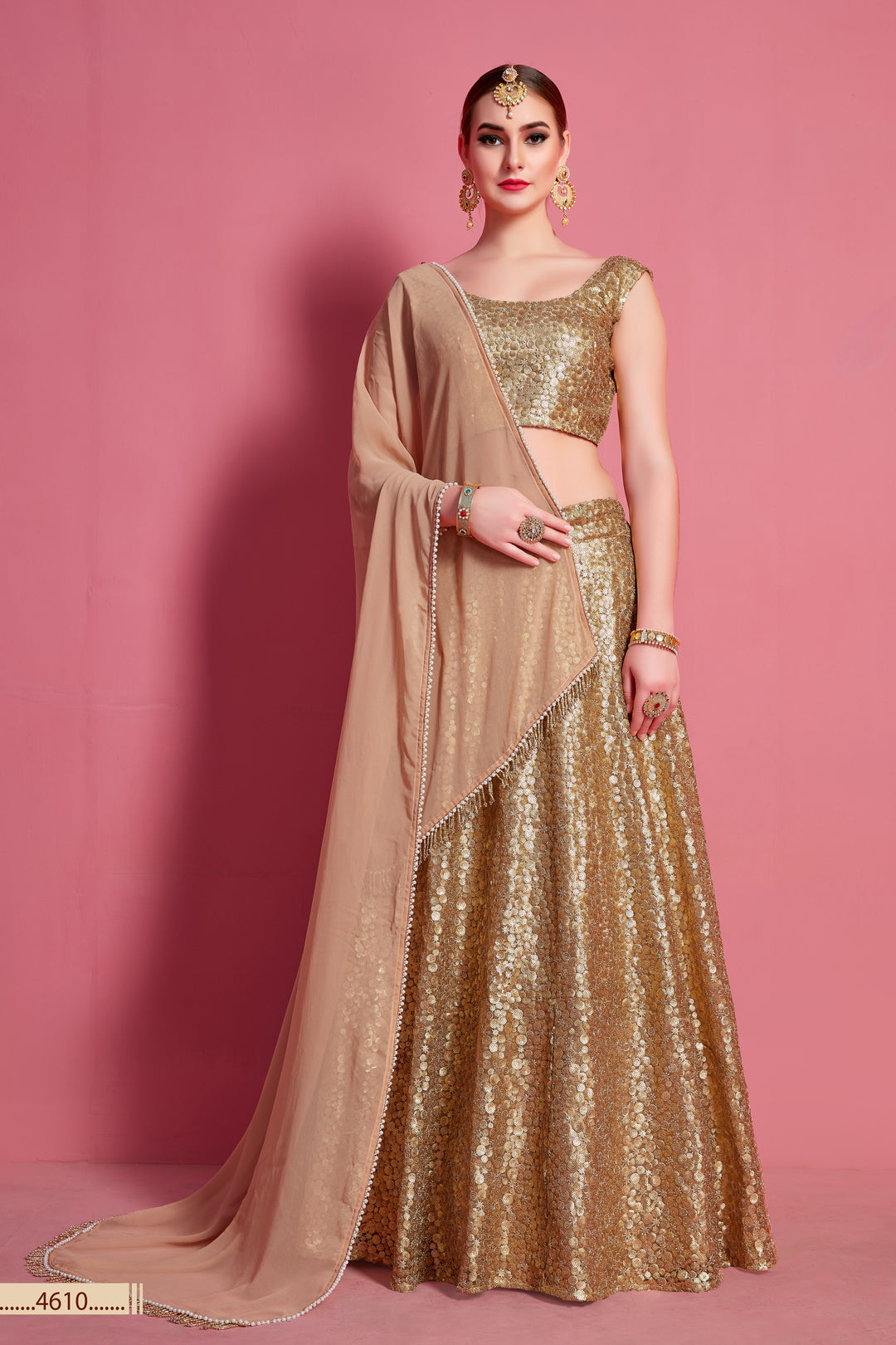 Golden Net Lehenga | Semi-Stitched with Embroidered Blouse & Dupatta