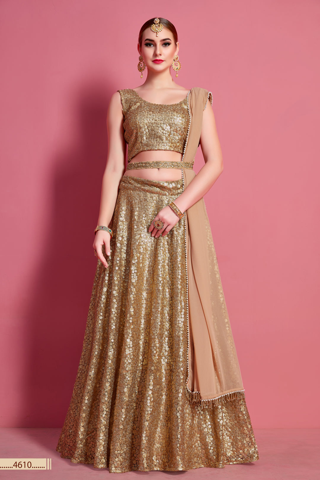 Golden Net Lehenga | Semi-Stitched with Embroidered Blouse & Dupatta