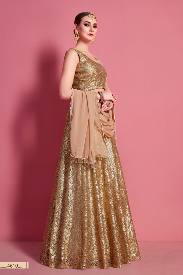 Golden Net Lehenga | Semi-Stitched with Embroidered Blouse & Dupatta